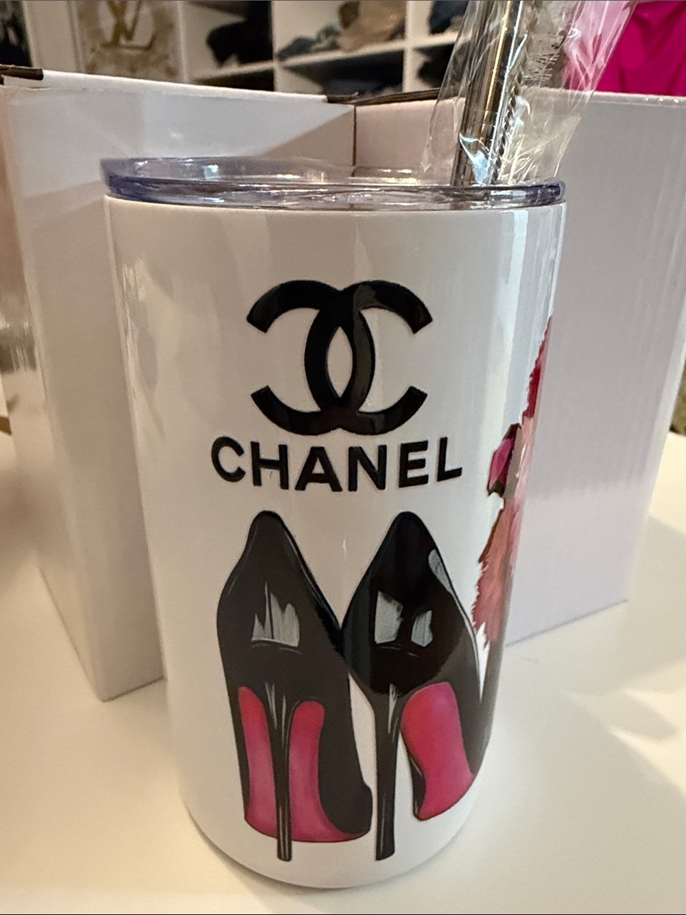 Hand-made Custom CHANEL White Tumbler with Black Logo and Pink Heel Accents